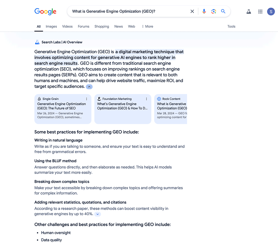 Screenshot Suchresulat von SGE
