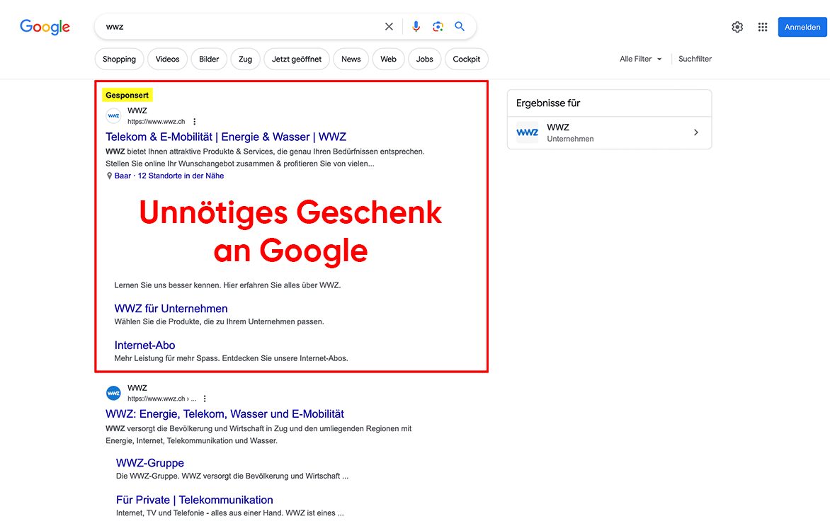 WWZ bezahlt für unnötige Google Ads