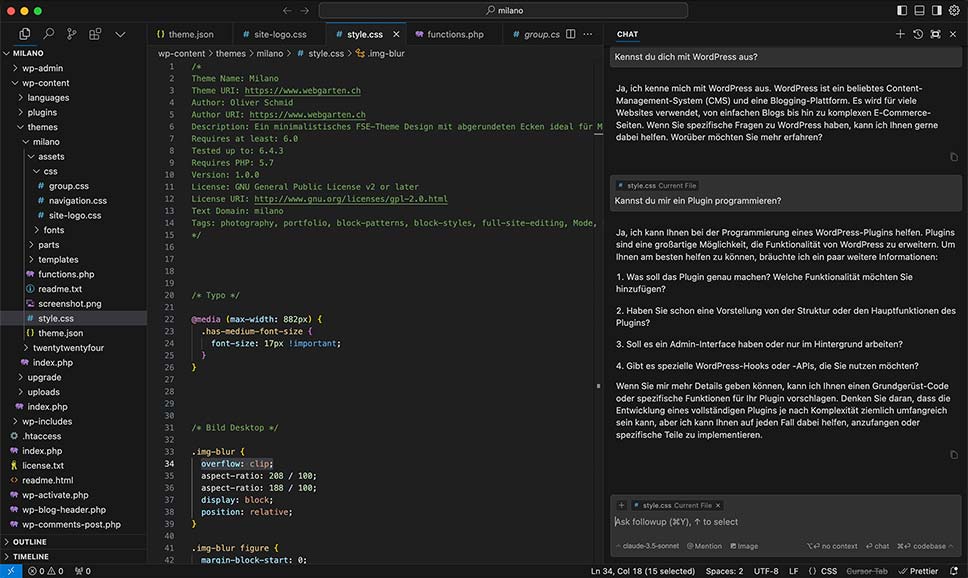 Screenshot: Cursor mit WordPress Projekt